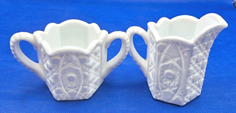Vintage Kemple White Milk Glass Creamer & Sugar Bowl Set Geometric Pattern 3-4"